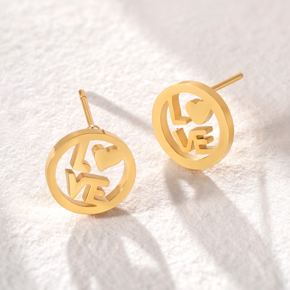 “LOVE” Letters Heart Gold Stainless Steel Cut-Out Circle Romance Mini Tiny Studs - Picture 4 of 11
